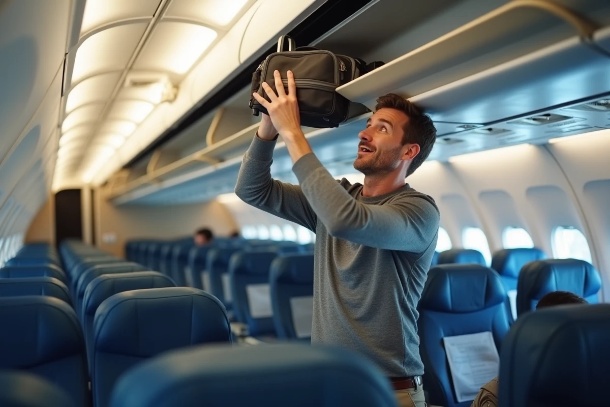 Homme rangeant un bagage cabine dans le compartiment supérieur d'un avion Air France sans frais supplémentaires