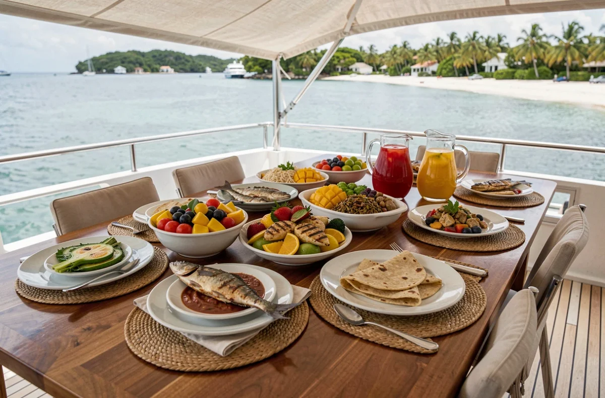 Repas tout compris servi sur le pont d'un yacht de luxe ancré dans une baie des Grenadines