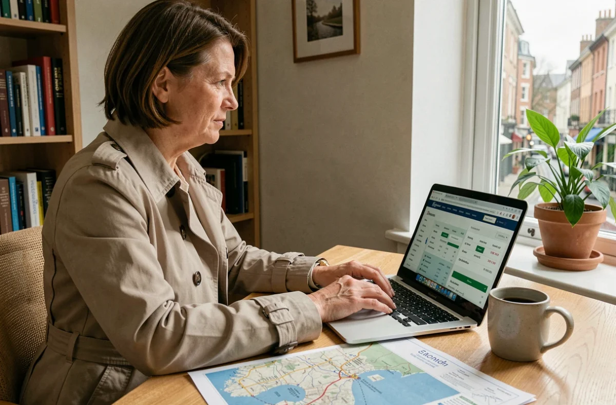 Femme réservant un billet de train sous la Manche pour voiture sur un ordinateur portable depuis son bureau