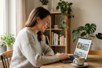 Femme réservant une location de vacances en ligne sur son ordinateur portable depuis chez elle