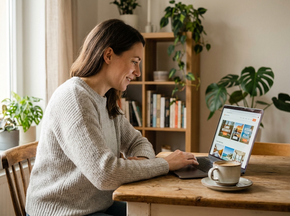 Femme réservant une location de vacances en ligne sur son ordinateur portable depuis chez elle