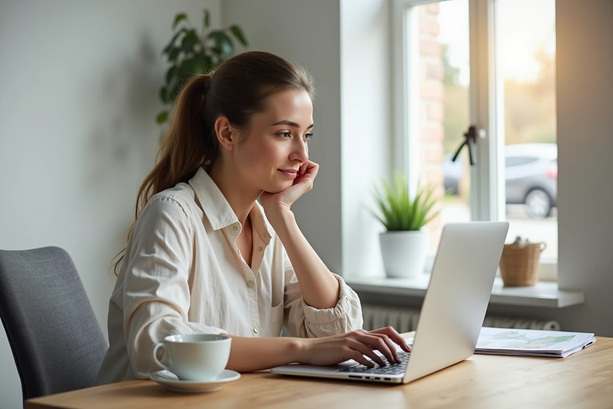 Femme réservant un séjour all inclusive sur le site E. Leclerc Voyage depuis son bureau à domicile