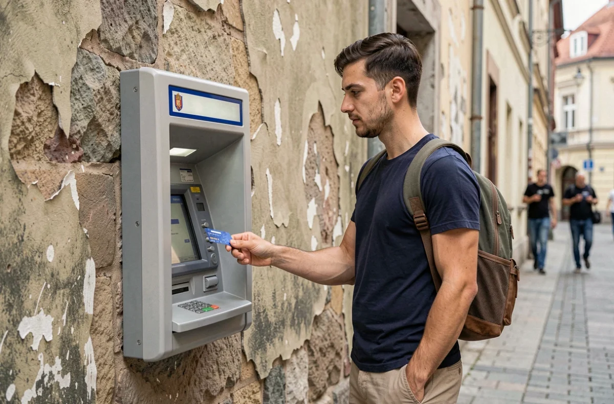 Voyageur retirant de l'argent à un distributeur automatique dans une rue de Novi Sad en Serbie