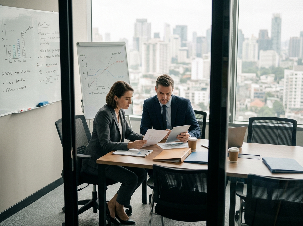 Deux professionnels en réunion d'affaires dans une salle de conférence avec vue sur la ville lors d'un voyage professionnel