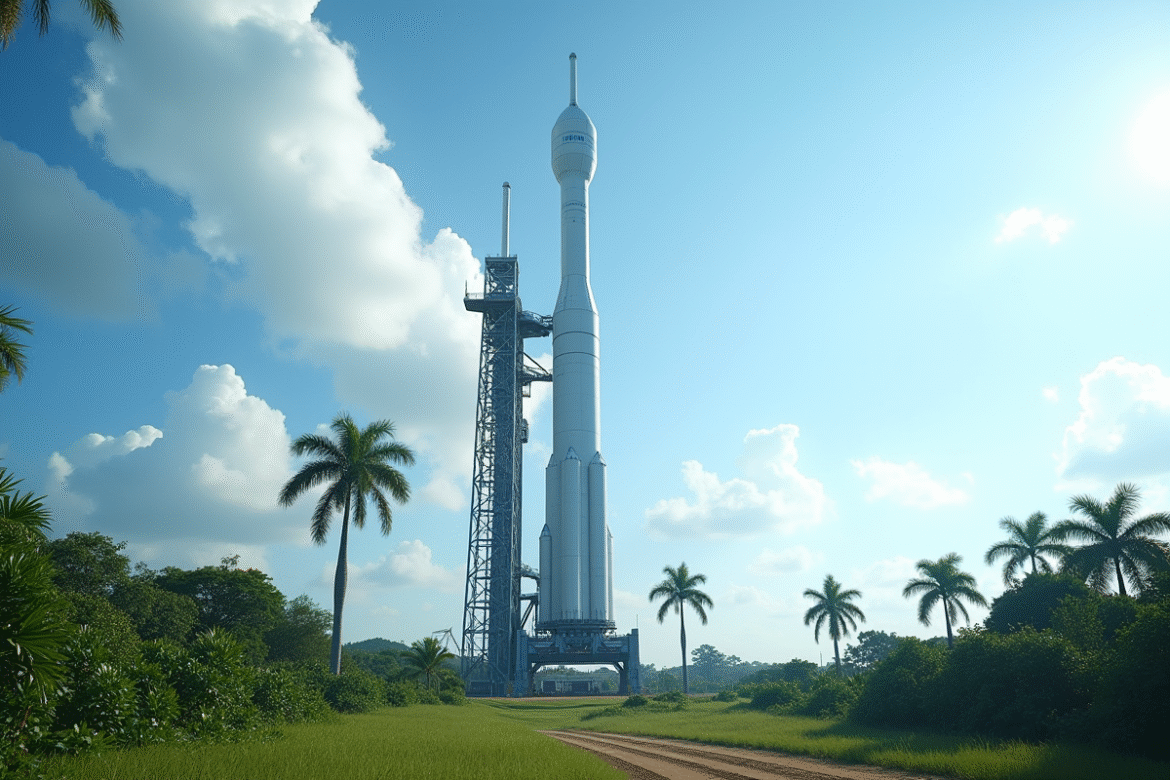 Fusée Ariane sur sa plateforme de lancement à Kourou