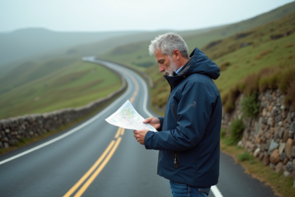 Homme d'âge moyen avec carte sur une route célèbre