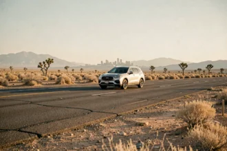 SUV roulant sur l'Interstate 15 à travers le désert Mojave en direction de Las Vegas au coucher du soleil