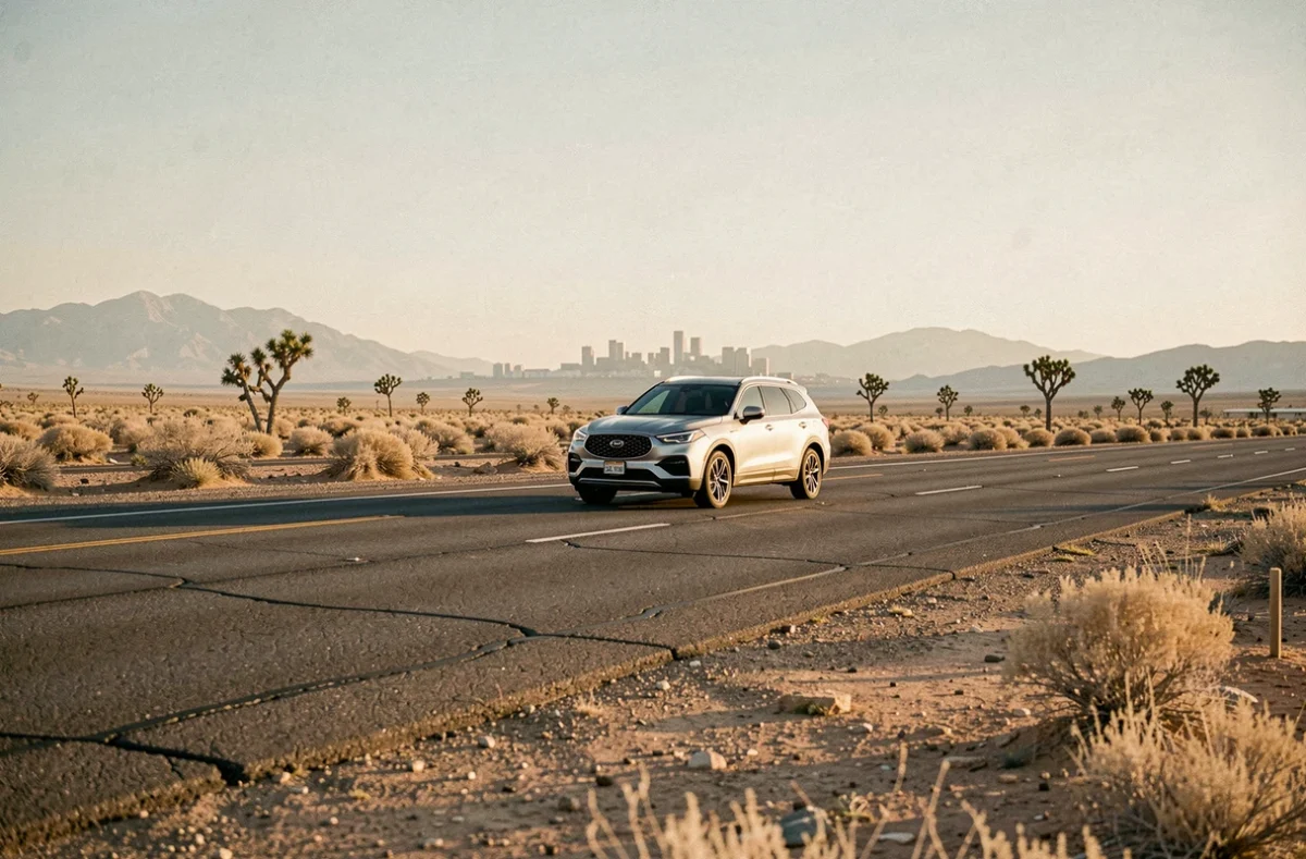SUV roulant sur l'Interstate 15 à travers le désert Mojave en direction de Las Vegas au coucher du soleil