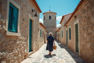 Ruelle pavée d'Areopoli avec maisons-tours en pierre typiques du Magne en Grèce