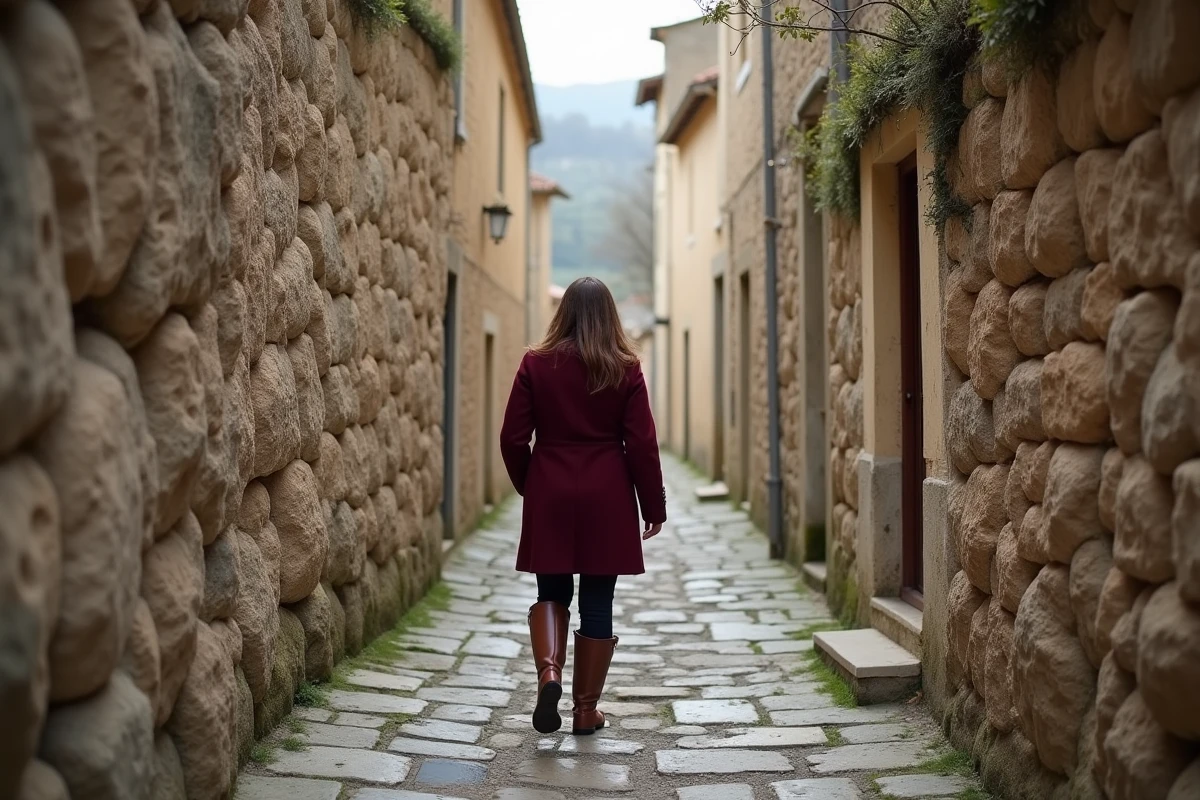 Ruelle pavée et déserte de Gordes en hiver avec une femme en manteau bordeaux se promenant entre les murs en pierres sèches
