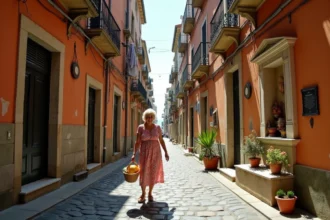 Ruelle pavée du quartier Spaccanapoli à Naples avec une habitante portant un panier de marché sous des balcons fleuris