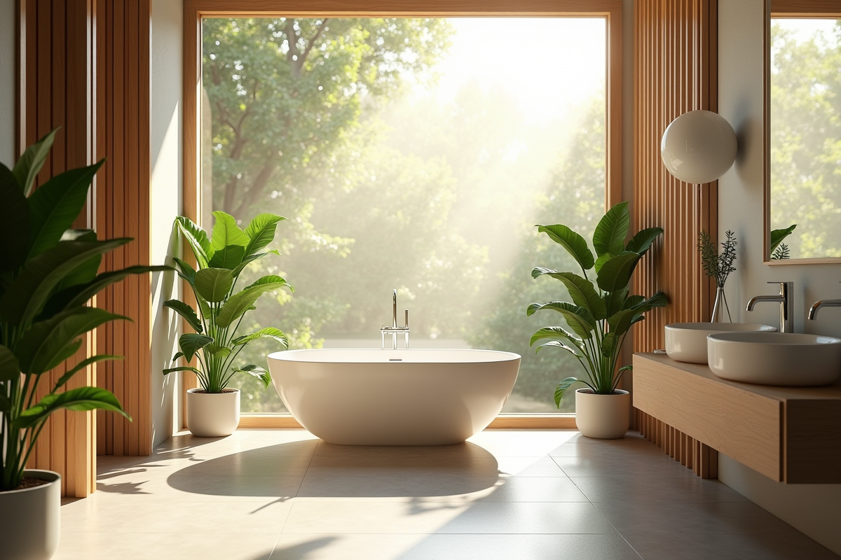 Salle de bain moderne lumineuse avec baignoire spa et plantes vertes