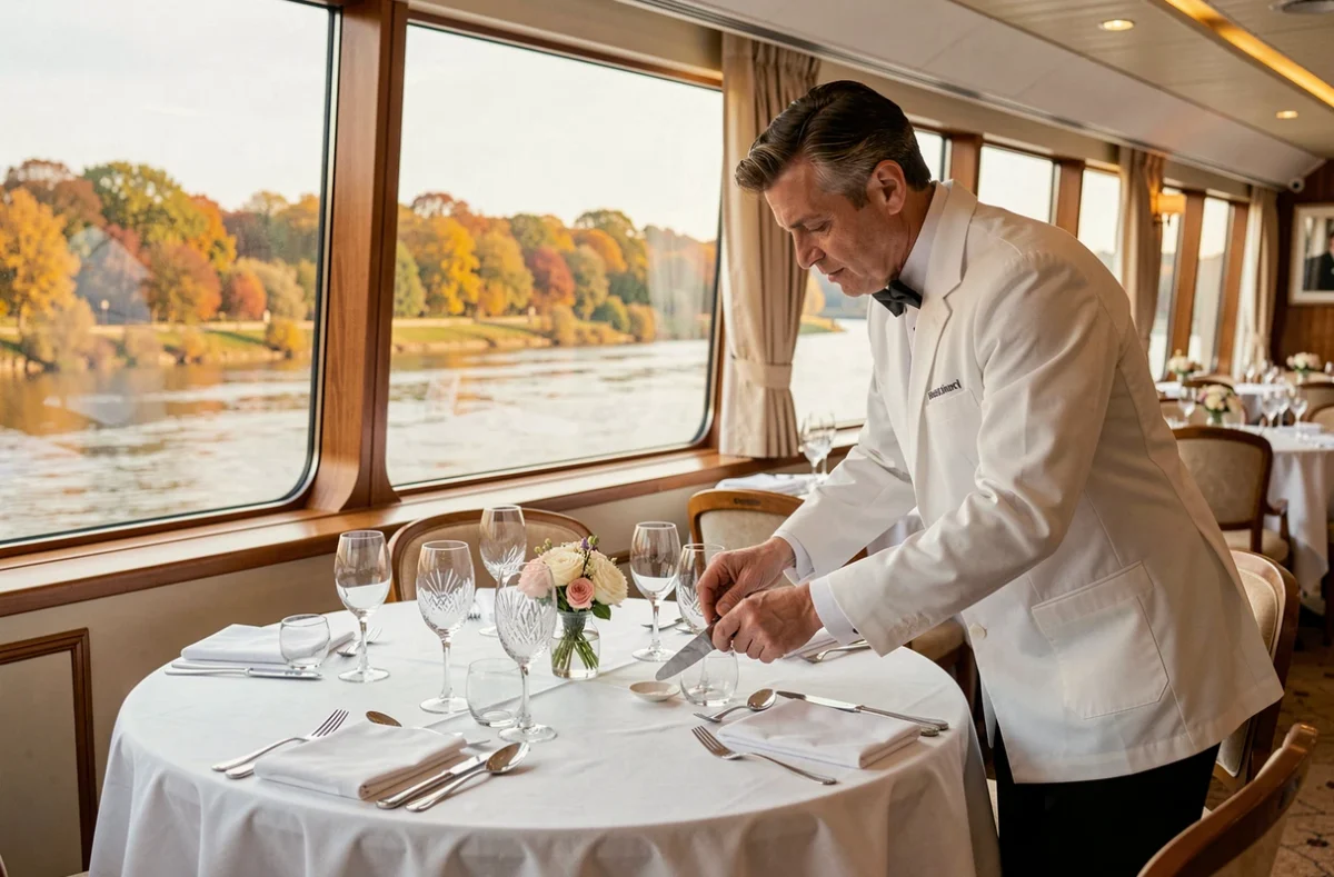 Salle à manger élégante du bateau Chateaubriand avec vue panoramique sur les rives du fleuve à l'automne