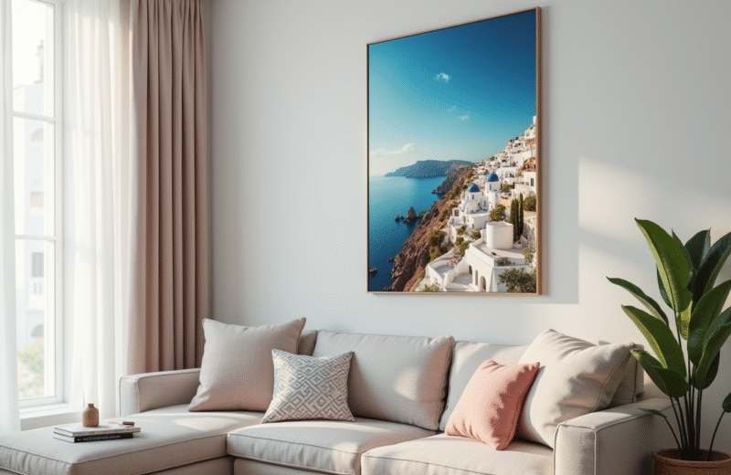 Mur de salon avec poster vibrant de Santorini en style moderne
