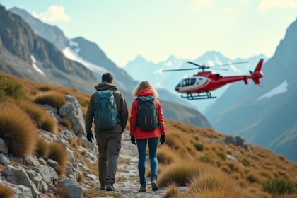 Couple en randonnée avec hélicoptère de secours en montagne