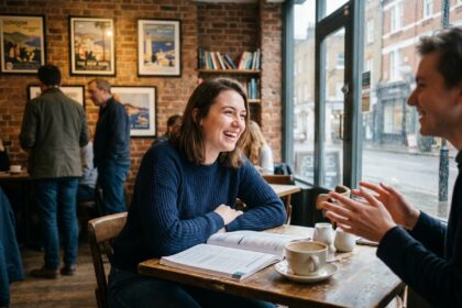 Jeune femme apprenant l'anglais en conversation immersive dans un café londonien avec un locuteur natif