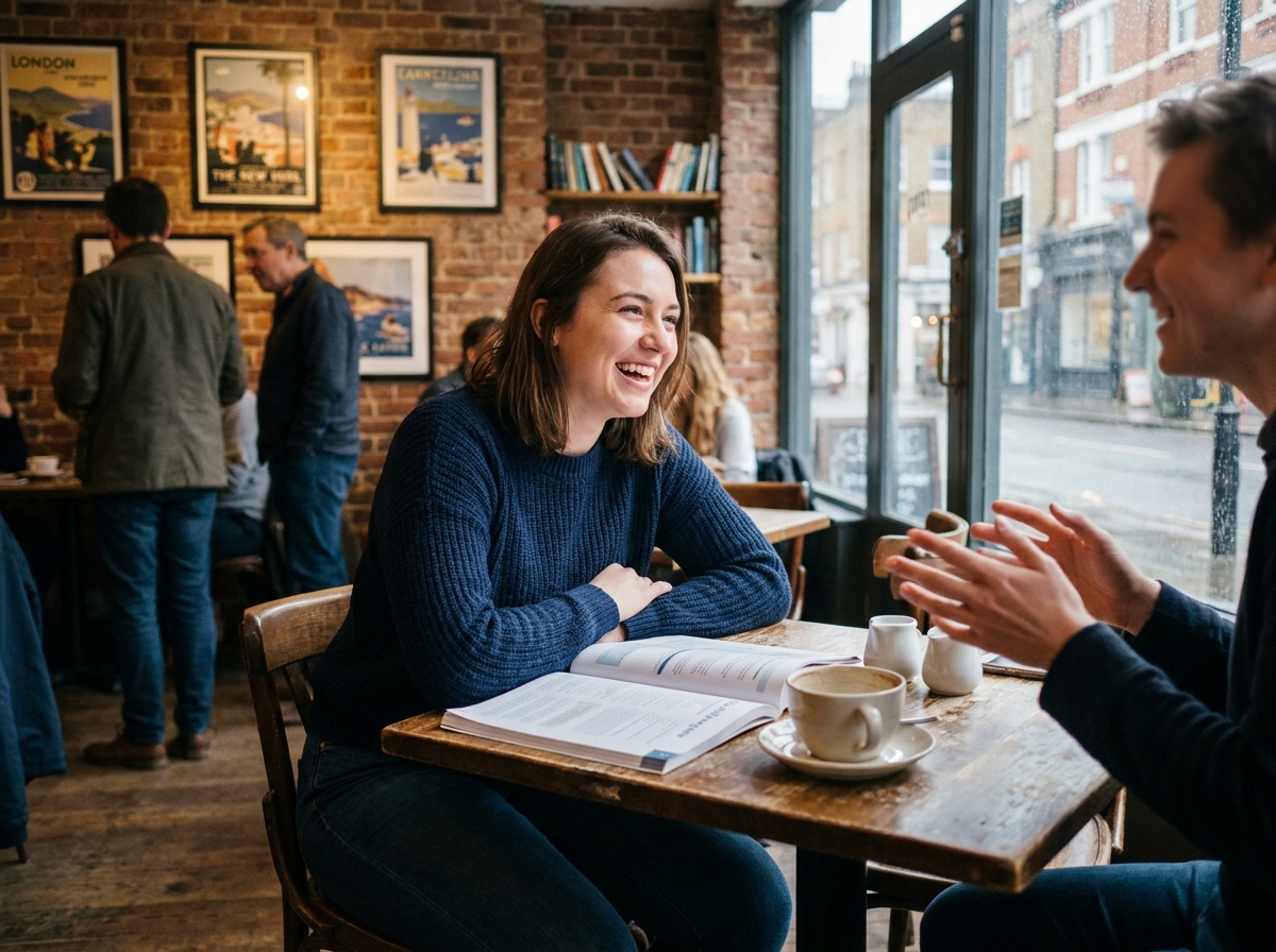 Jeune femme apprenant l'anglais en conversation immersive dans un café londonien avec un locuteur natif