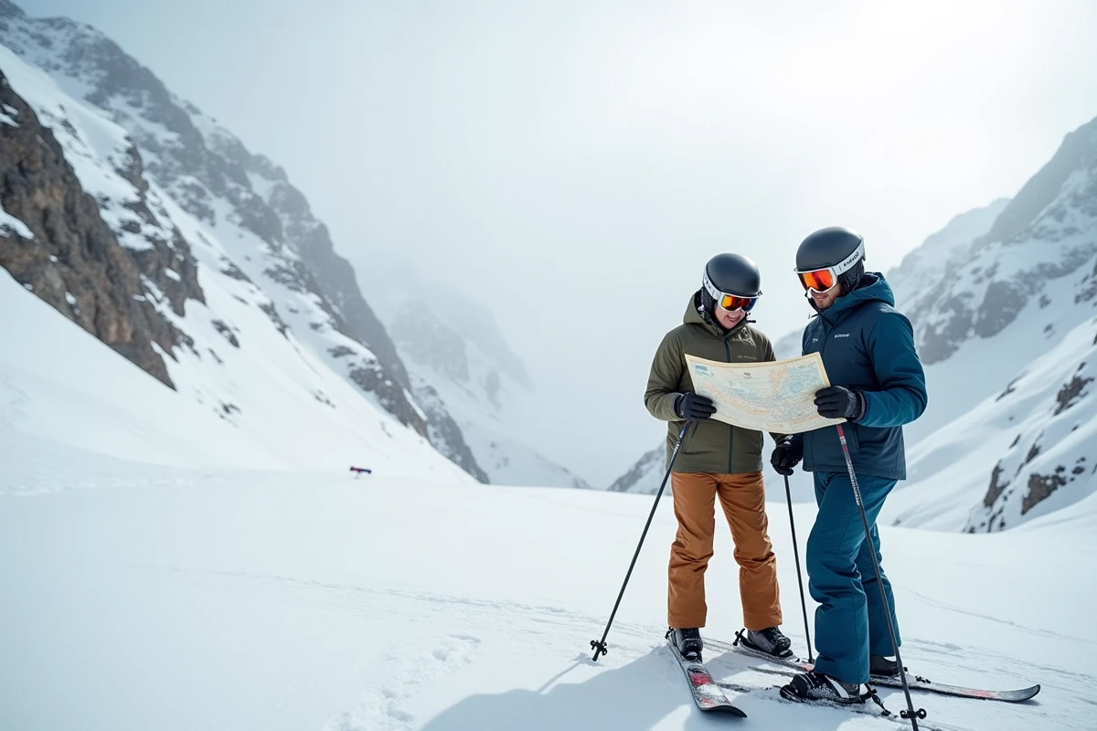 Deux skieurs consultant une carte au Col du Petit-Saint-Bernard avant une descente hors-piste