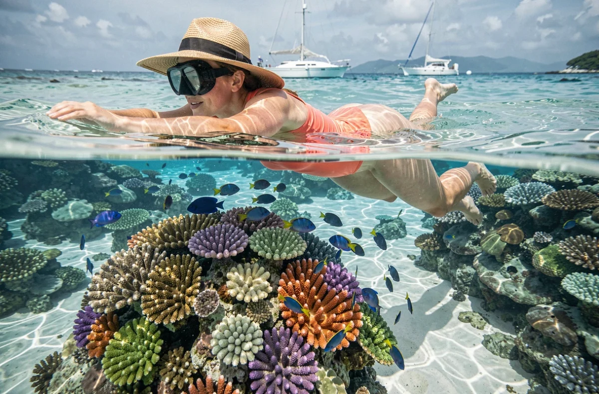 Femme en train de faire du snorkeling au-dessus d'un récif corallien coloré dans les îles Grenadines lors d'une croisière tout compris