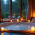 Suite spa privée luxueuse la nuit avec bain fumant et bougies