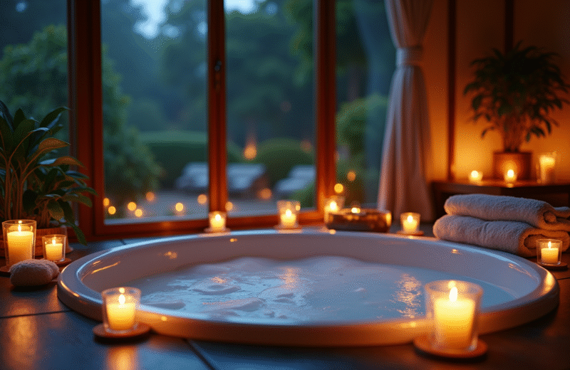 Suite spa privée luxueuse la nuit avec bain fumant et bougies