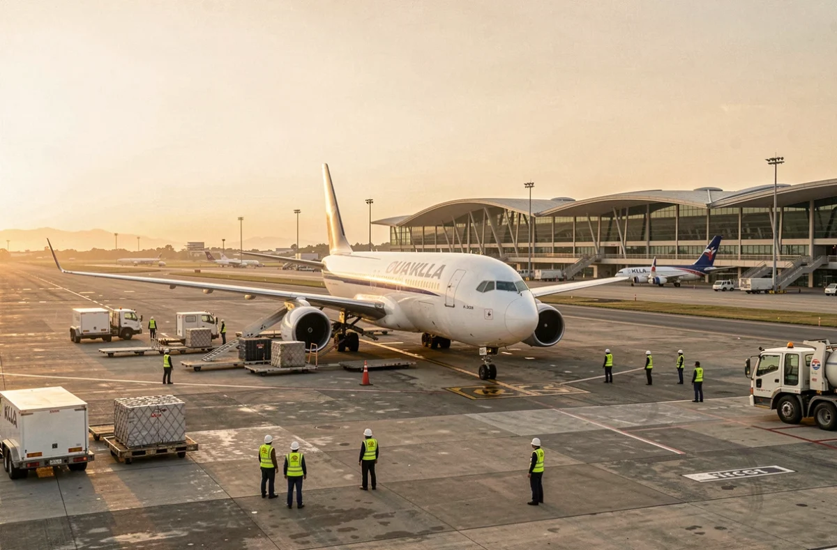 Vue extérieure du tarmac de l'aéroport international de Kuala Lumpur avec avion et équipes au sol