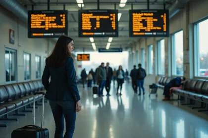 Femme consultant les horaires de départ d'un terminal de bus reliant Montréal à New York City