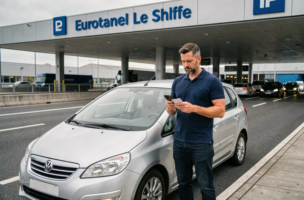 Conducteur au terminal Eurotunnel de Calais consultant son billet pour embarquer sa voiture sous la Manche