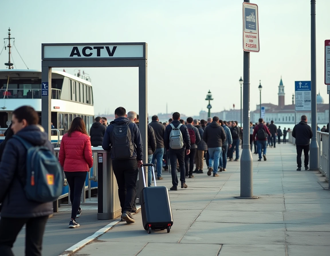 File d'attente de voyageurs devant les tourniquets du terminal de vaporetto Piazzale Roma à Venise