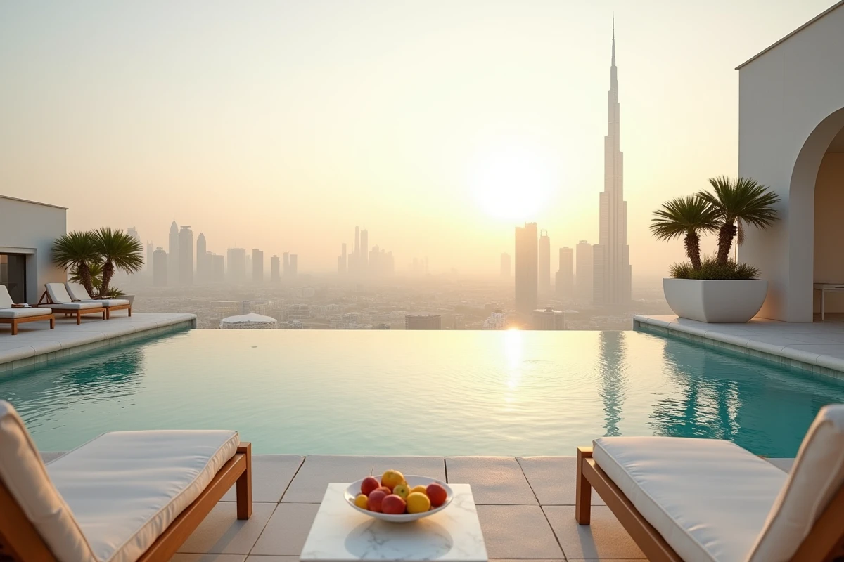 Terrasse de piscine à débordement sur un hôtel de luxe à Dubaï avec vue panoramique sur le Burj Khalifa et le centre-ville