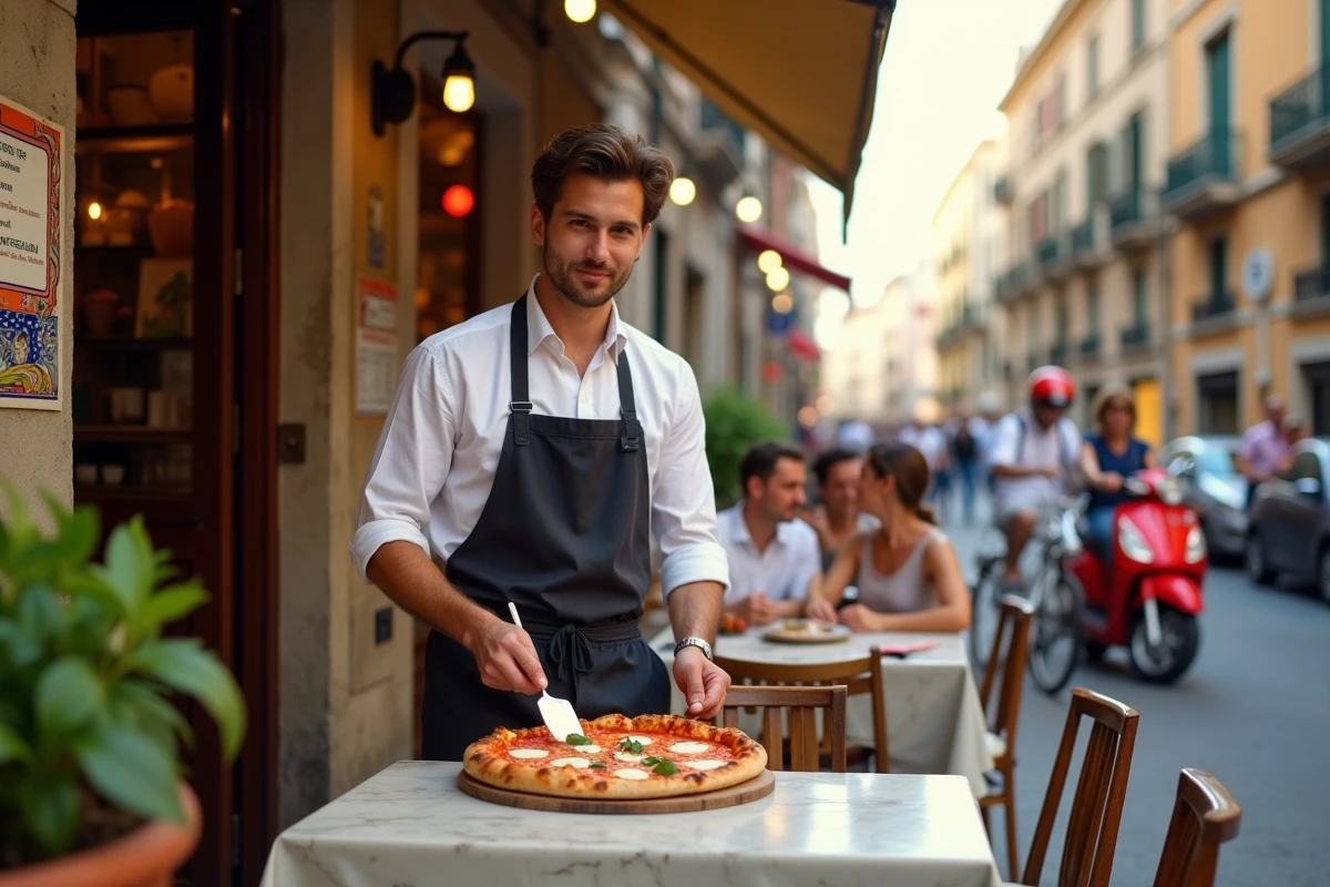 Serveur napolitain apportant une pizza Margherita sur une terrasse animée des Quartiers Espagnols à Naples
