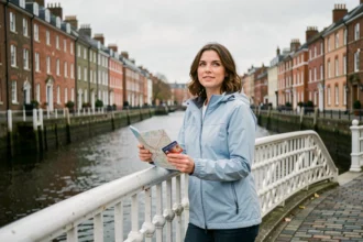 Touriste sur le Ha'penny Bridge à Dublin tenant un pass touristique et une carte de la ville, vue sur la Liffey