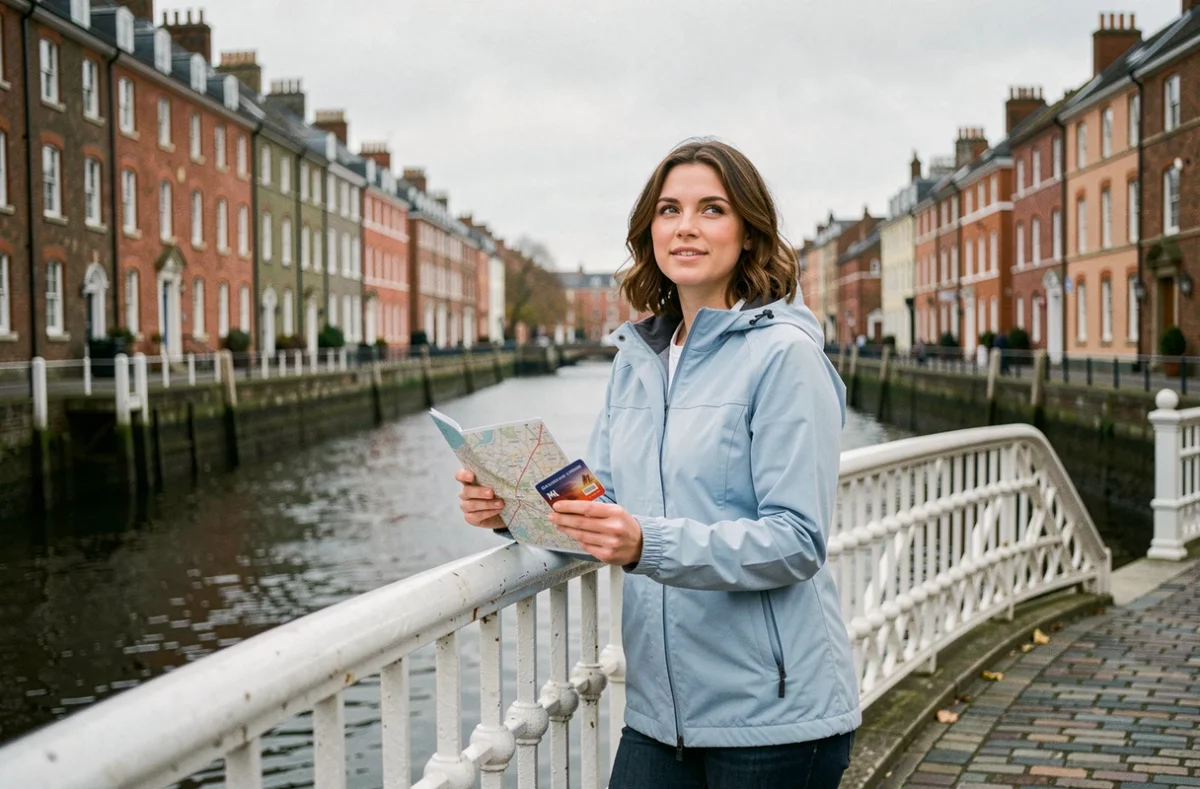 Touriste sur le Ha'penny Bridge à Dublin tenant un pass touristique et une carte de la ville, vue sur la Liffey