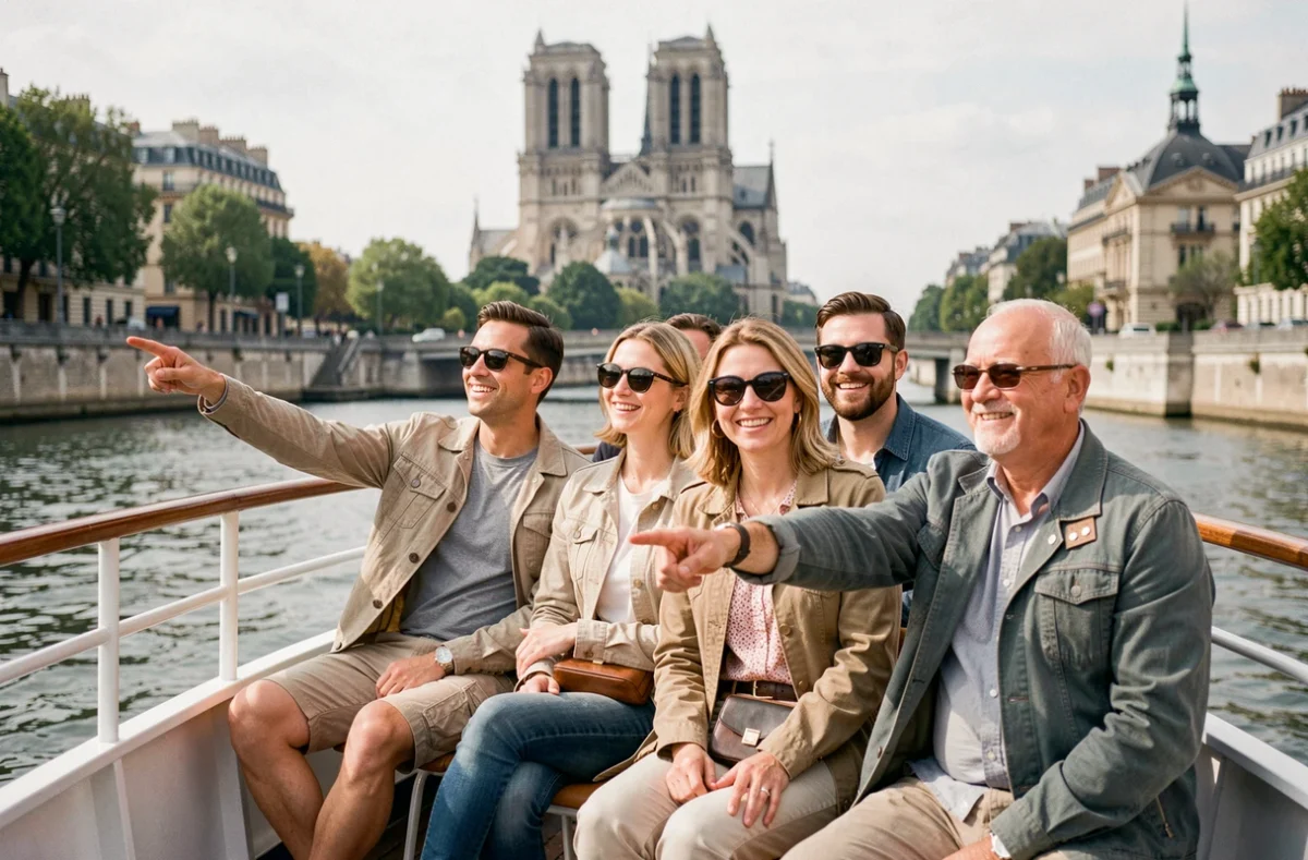 Touristes profitant d'une croisière sur la Seine avec vue sur Notre-Dame de Paris