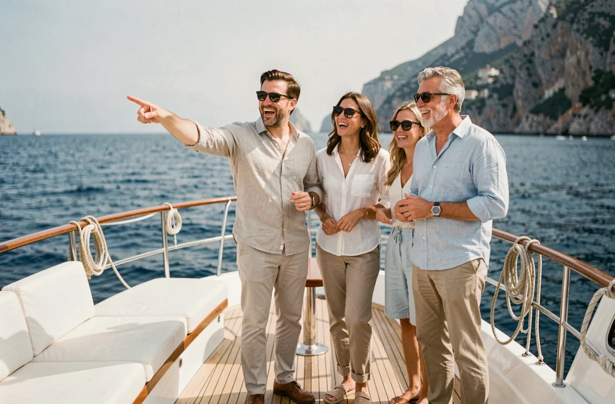 Groupe de touristes adultes profitant d'une excursion en bateau sur la Méditerranée depuis Nice