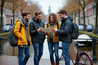 Groupe de touristes souriants avec vélo hollandais sur canal