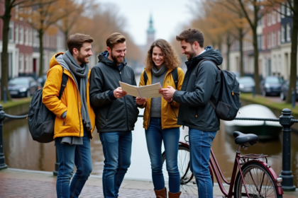 Groupe de touristes souriants avec vélo hollandais sur canal