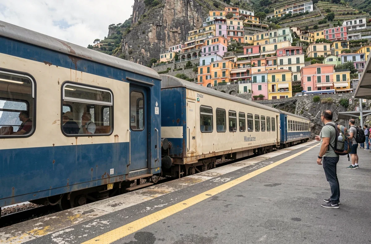 Train régional des Cinq Terres entrant en gare de Manarola avec vue sur les maisons colorées et les falaises côtières