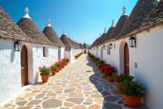 Ruelle pavée d'Alberobello avec les trulli typiques aux toits coniques en pierre et des géraniums rouges, Pouilles, Italie