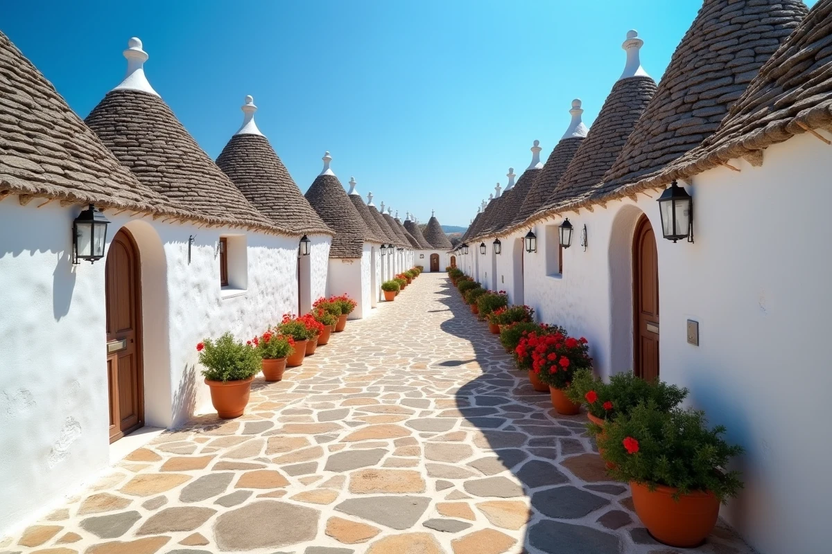 Ruelle pavée d'Alberobello avec les trulli typiques aux toits coniques en pierre et des géraniums rouges, Pouilles, Italie