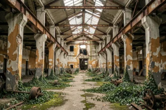 Intérieur abandonné d'une usine industrielle française avec piliers en béton fissurés, rouille et végétation envahissante