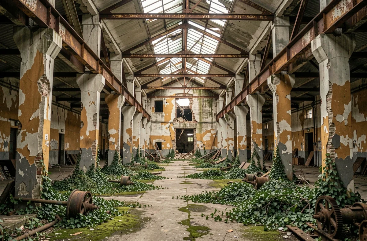 Intérieur abandonné d'une usine industrielle française avec piliers en béton fissurés, rouille et végétation envahissante