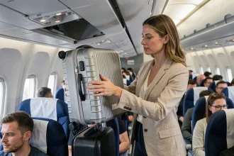 Femme plaçant une valise cabine dans le compartiment supérieur d'un avion
