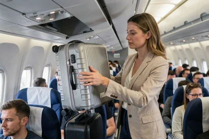 Femme plaçant une valise cabine dans le compartiment supérieur d'un avion