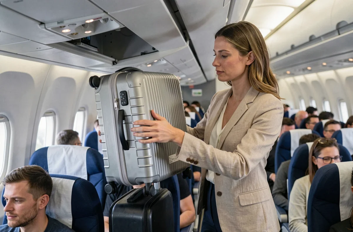 Femme plaçant une valise cabine dans le compartiment supérieur d'un avion