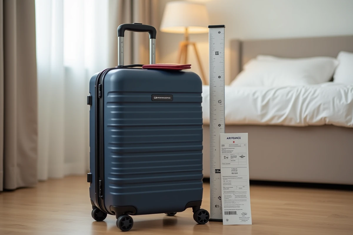 Valise cabine rigide aux dimensions conformes Air France posée avec passeport et carte d'embarquement
