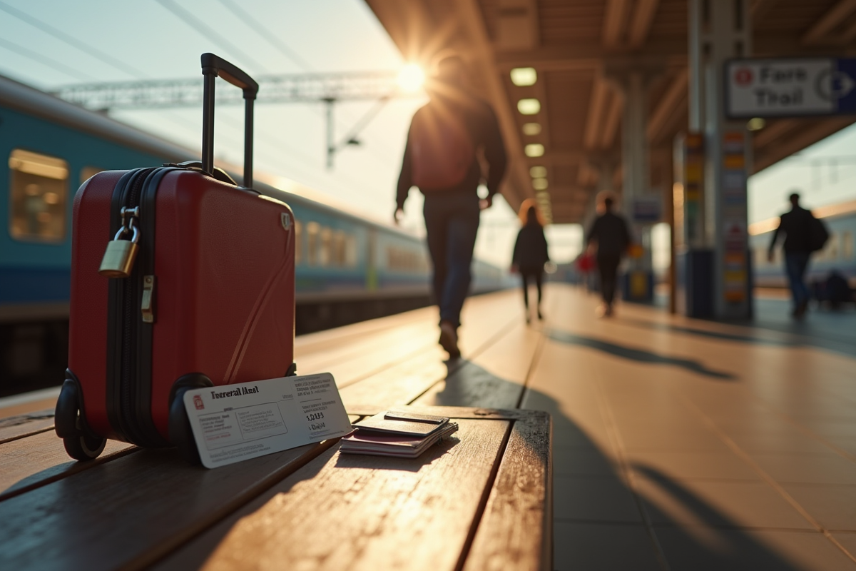 Valise avec serrure un passeport et un billet Interrail sur un banc