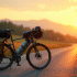 Vélo de voyage sur route de campagne au lever du soleil