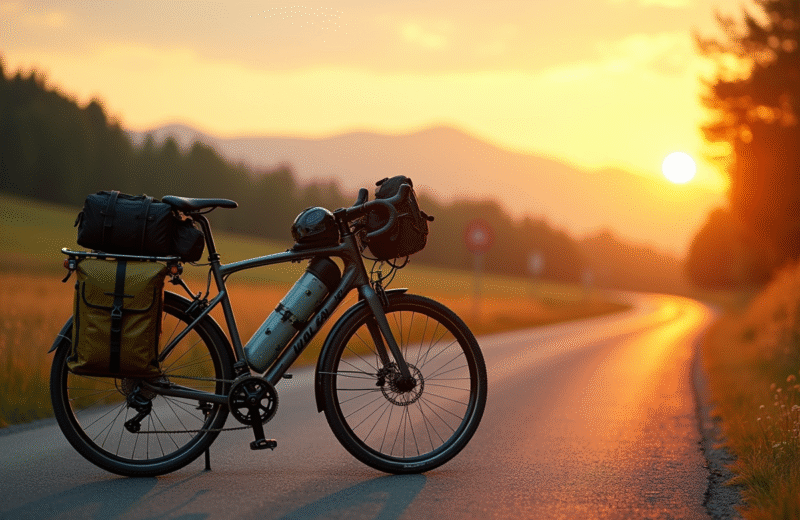 Vélo de voyage sur route de campagne au lever du soleil
