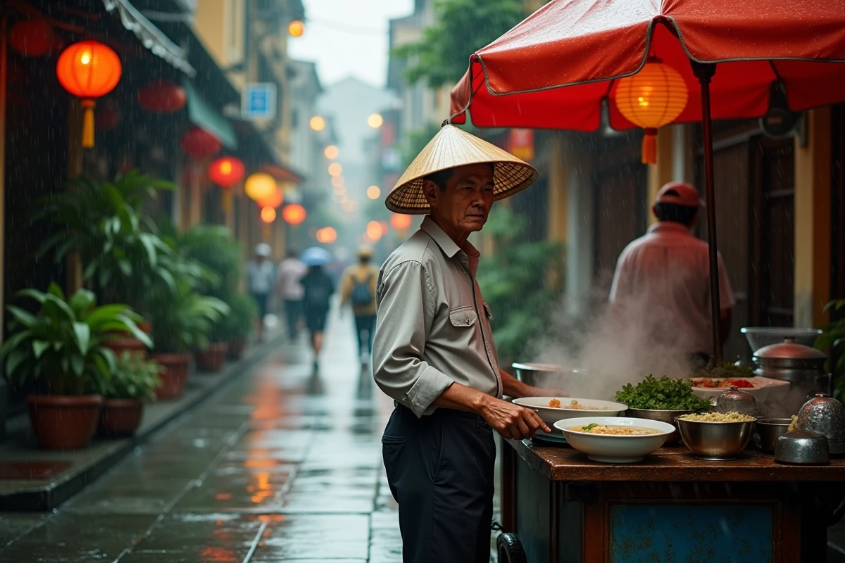 Vendeur de pho sous la pluie de mousson dans une ruelle de Hanoï pendant la saison humide au Vietnam
